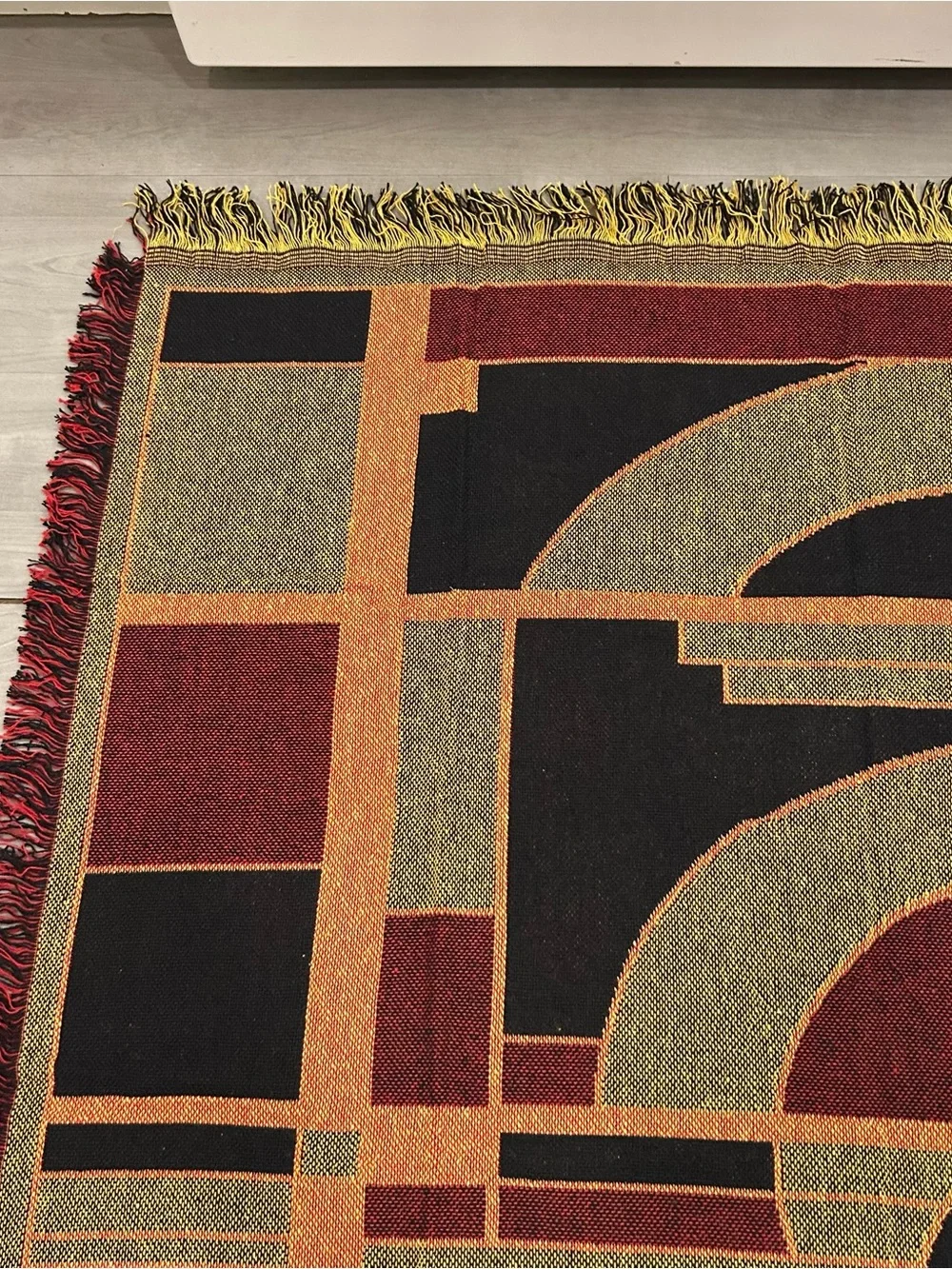 Vintage 90s WGM Abstract Geometric Tapestry Throw Woven Blanket Fringe 44x52